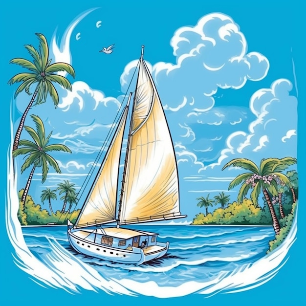 Foto um veleiro de desenho animado navegando no oceano com palmeiras