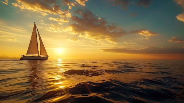 Um veleiro desliza sobre a água aberta suas velas cheias de vento enquanto o sol se põe em uma majestosa exibição de laranjas e amarelos pintando o céu e o mar com calor