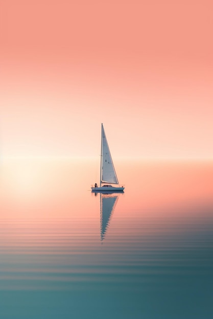 Um veleiro em um lago calmo com um céu rosa ao fundo.
