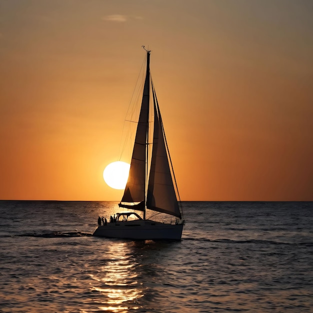 Um veleiro está a navegar na água com o sol a pôr-se atrás dele, um pôr-do-sol gerado pela IA.