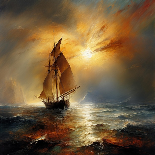 Um veleiro está a navegar no oceano com o sol a pôr-se atrás dele.