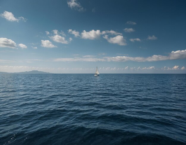 Foto um veleiro está flutuando no oceano com um céu azul e nuvens