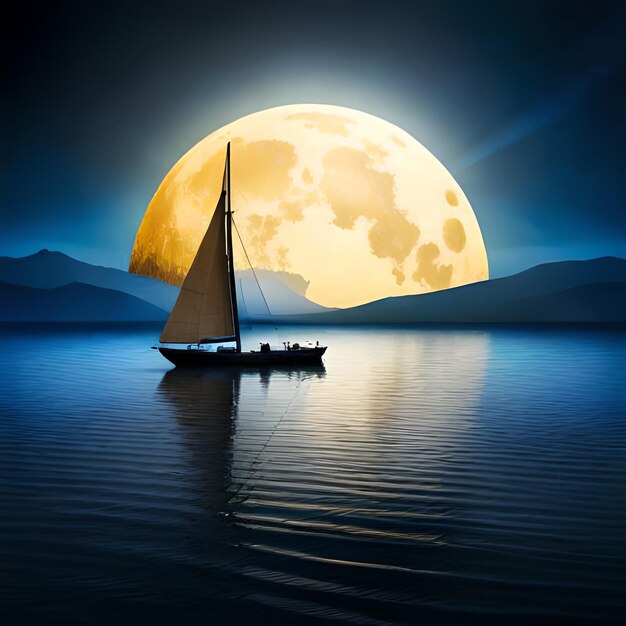 Um veleiro está na água com uma lua cheia ao fundo