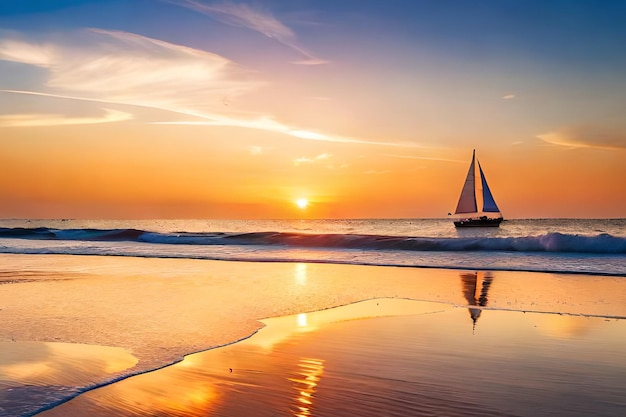 Um veleiro está navegando na praia ao pôr do sol.