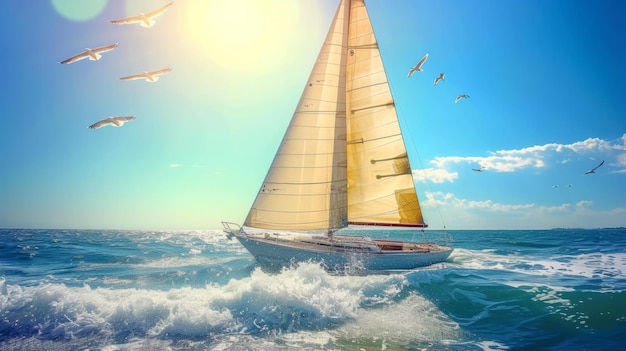 Um veleiro está navegando no mar agitado com gaivotas voando acima dele