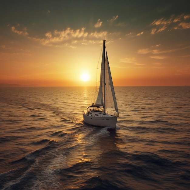 Um veleiro está navegando no oceano ao pôr do sol.