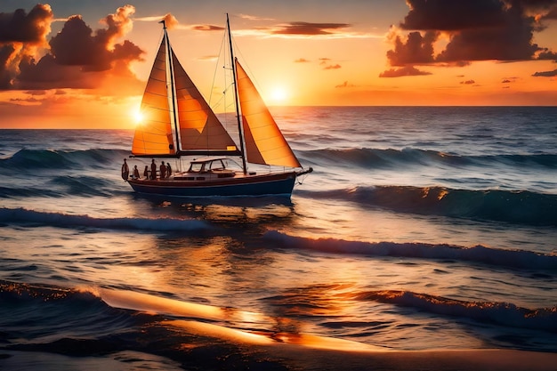 Um veleiro está navegando no oceano ao pôr do sol.