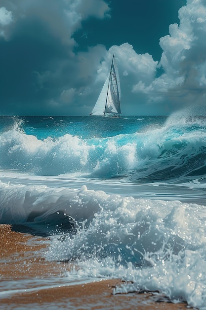 um veleiro está navegando no oceano com as ondas batendo na costa