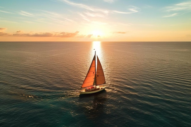 um veleiro está navegando no oceano com o sol a pôr-se atrás dele