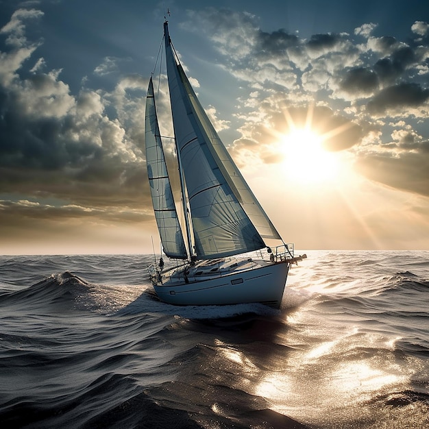 Um veleiro está navegando no oceano com o sol brilhando por entre as nuvens.