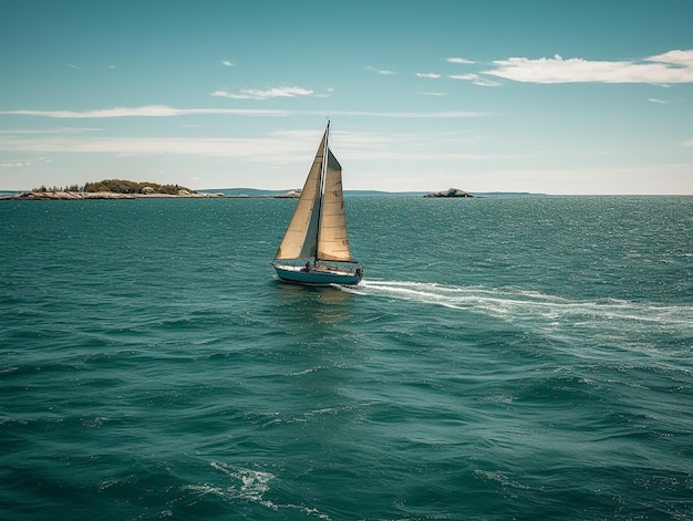 Um veleiro está navegando no oceano com uma pequena ilha ao fundo.