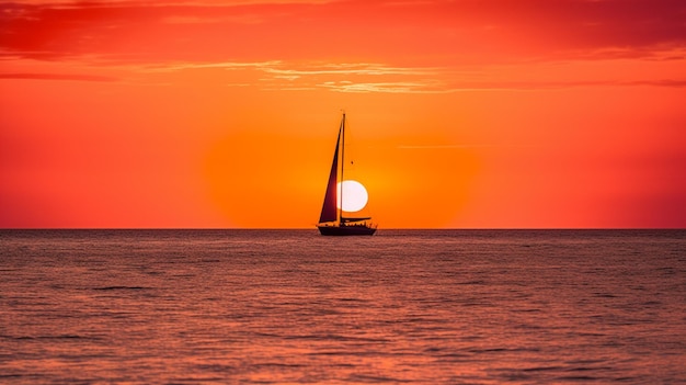 Um veleiro está navegando no pôr do sol.