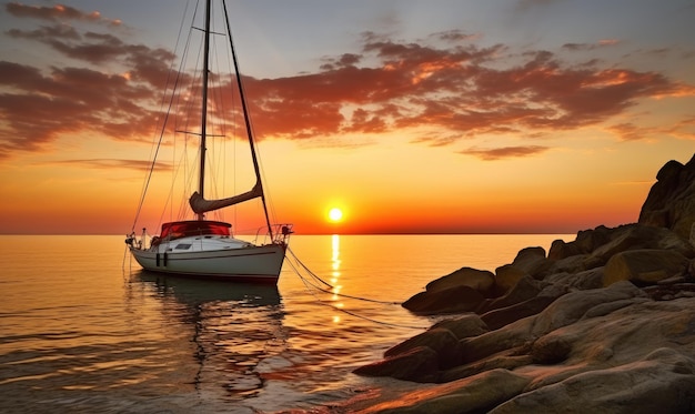Um veleiro flutuando no oceano ao pôr do sol