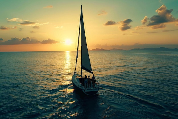 Foto um veleiro navegando no oceano ao pôr do sol