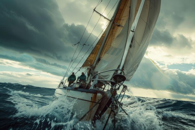 Foto um veleiro navegando no oceano sob um céu nublado