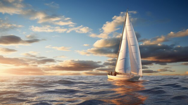 Foto um veleiro realista navegando no oceano com céus impressionantes