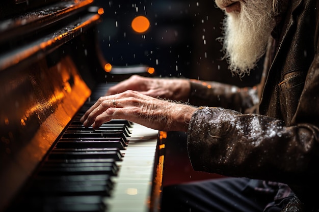 Um velho a tocar uma canção de piano num lugar escuro.