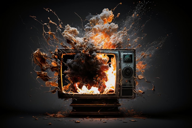 Um velho aparelho de TV explodindo com fogo e fumaça.