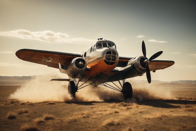 Um velho avião vintage voando sobre uma vasta paisagem acidentada