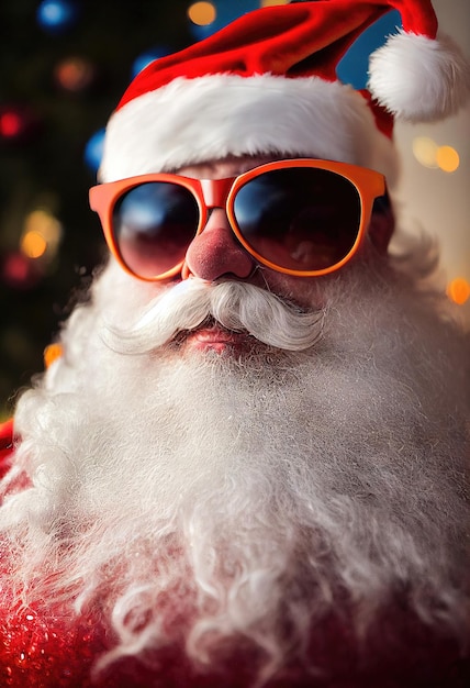 Um velho barbudo Papai Noel chique no inverno contra uma floresta de inverno com óculos de sol chiques