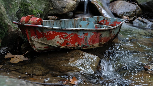 Um velho barco de brinquedo desgastado está abandonado em um riacho raso O barco é vermelho e branco com uma pequena bandeira vermelha na proa