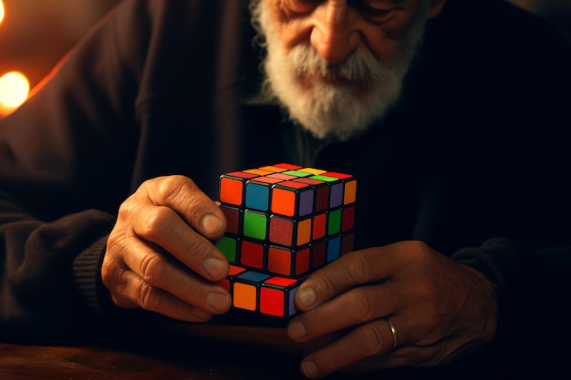 Um velho brinca com um cubo de Rubik