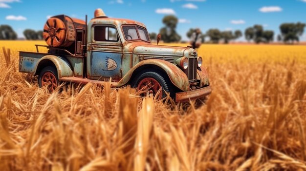 Um velho caminhão enferrujado em um campo de trigo.