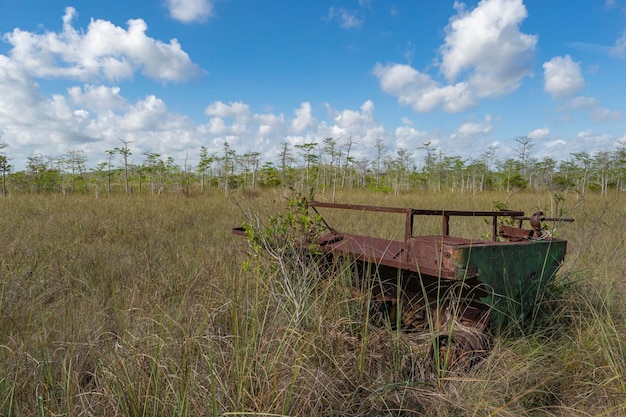 Um velho caminhão enferrujado fica em um campo de grama alta.