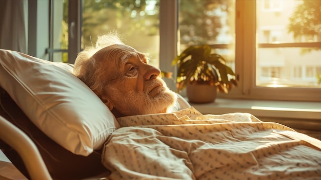 Um velho cansado está deitado em uma cama de hospital cercado por equipamentos médicos e o fraco brilho de uma lâmpada de cabeceira suas mãos enrugadas agarram uma fotografia desbotada