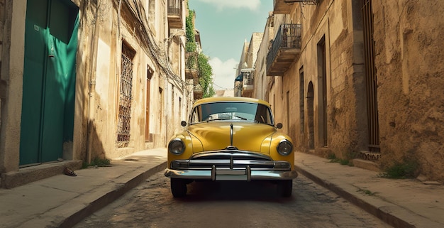Um velho carro amarelo está estacionado em uma rua estreita Imagem generativa de IA