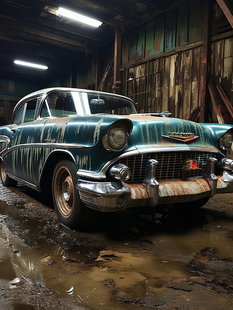 Foto um velho carro enferrujado na garagem, um carro retro numa oficina de reparação de carros, ia geradora.