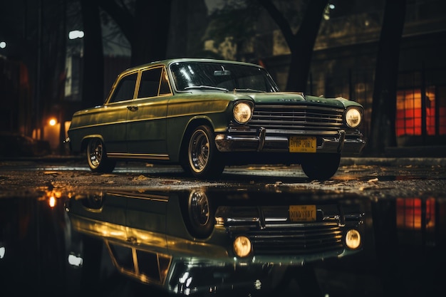 um velho carro verde se reflete em uma poça à noite