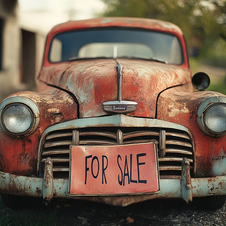 Foto um velho carro vermelho com uma placa de matrícula que diz para venda