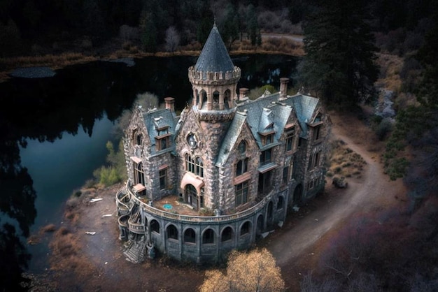 Foto um velho castelo fica em um lago nas montanhas.