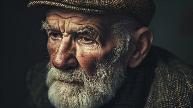 Foto um velho cavalheiro sábio e contemplativo com mais de 70 anos, com uma barba branca e rugas profundas no rosto, como se cada linha contasse uma história de uma vida bem vivida.