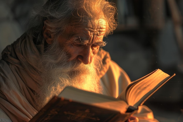 Foto um velho com barba está lendo um livro.