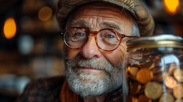 Foto um velho com chapéu, óculos e barba com poupança num frasco.