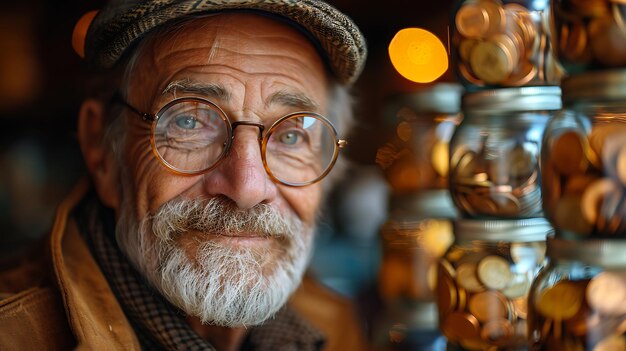 Um velho com chapéu, óculos e barba com poupança num frasco.
