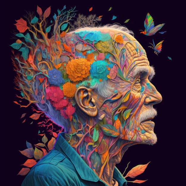Um velho com flores coloridas na cabeça Generative AI