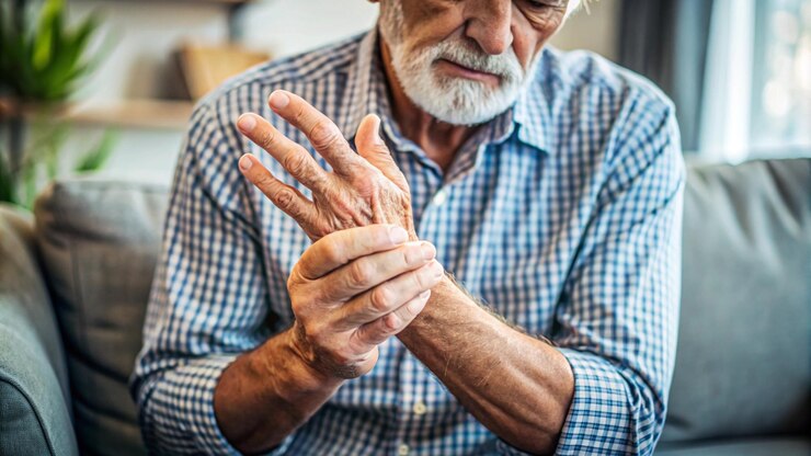 Um velho com uma barba branca está tocando suas mãos.