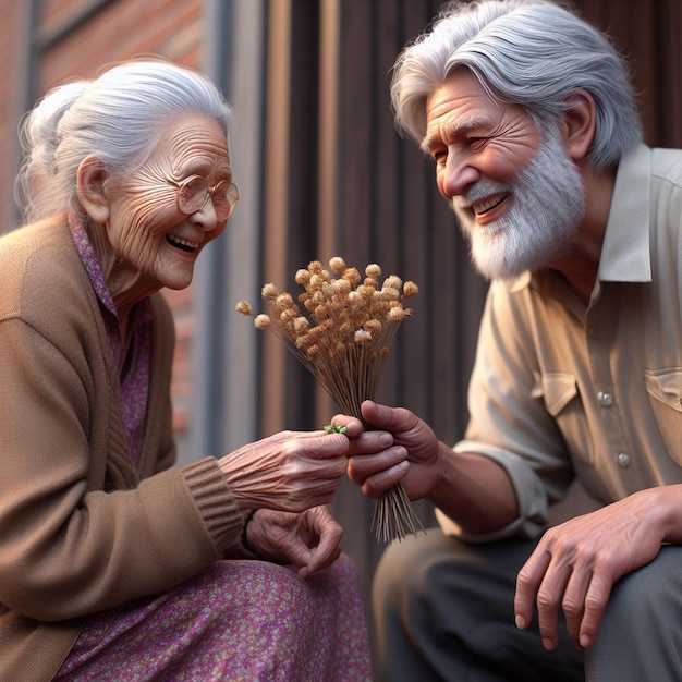 Um velho dando flores a uma velhota de humor feliz.