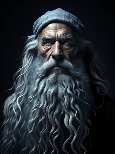 Um velho de barba comprida e boné azul.
