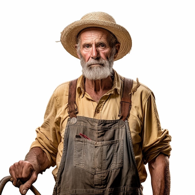 Um velho de barba grisalha e chapéu cinza está diante de um fundo branco.