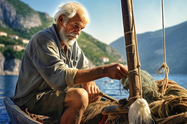 Um velho de cabelos grisalhos em um barco de pesca separa redes para pegar peixes Um velho pescador na baía pega peixes Indústria pesqueira