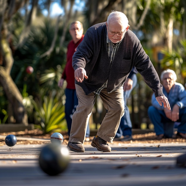 Foto um velho de cabelos grisalhos está jogando bocce na empresa.