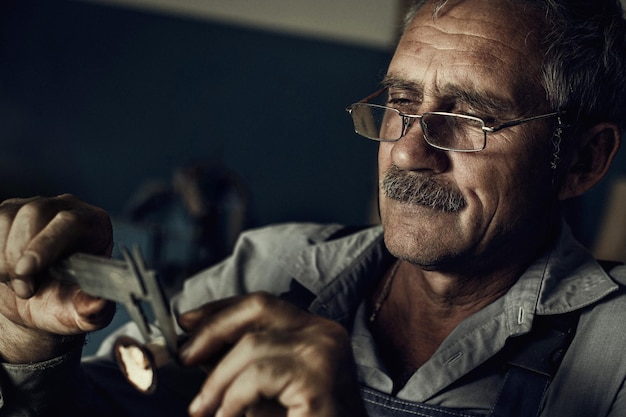 Um velho de óculos trabalhando na oficina mede um detalhe Foto artística de um mestre idoso