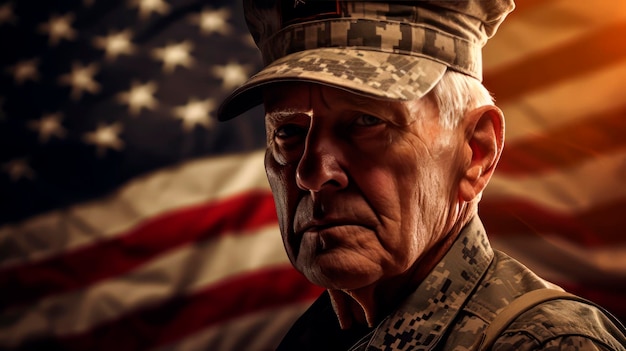 Um velho em uniforme militar no fundo da bandeira americana
