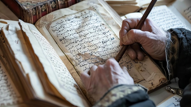 Foto um velho está escrevendo com uma caneta num livro o livro está escrito numa língua antiga as mãos do homem estão enrugadas e manchadas de idade