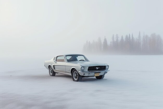 Um velho Ford Mustang em um lago congelado