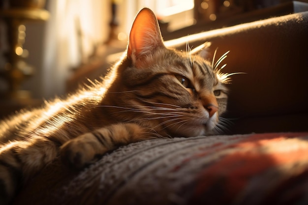Um velho gato ruivo lambe preguiçosamente no sofá